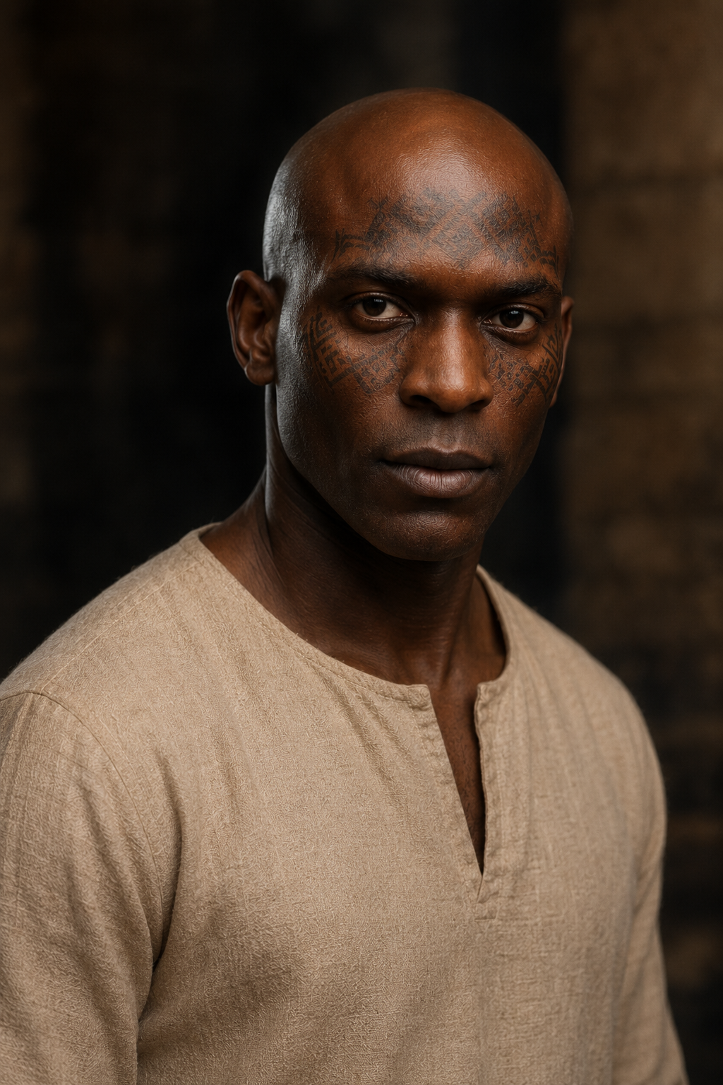 Boaz Kirfu — an Amonite man in his early twenties, dark-skinned, athletic, facial markings, composed stillness
