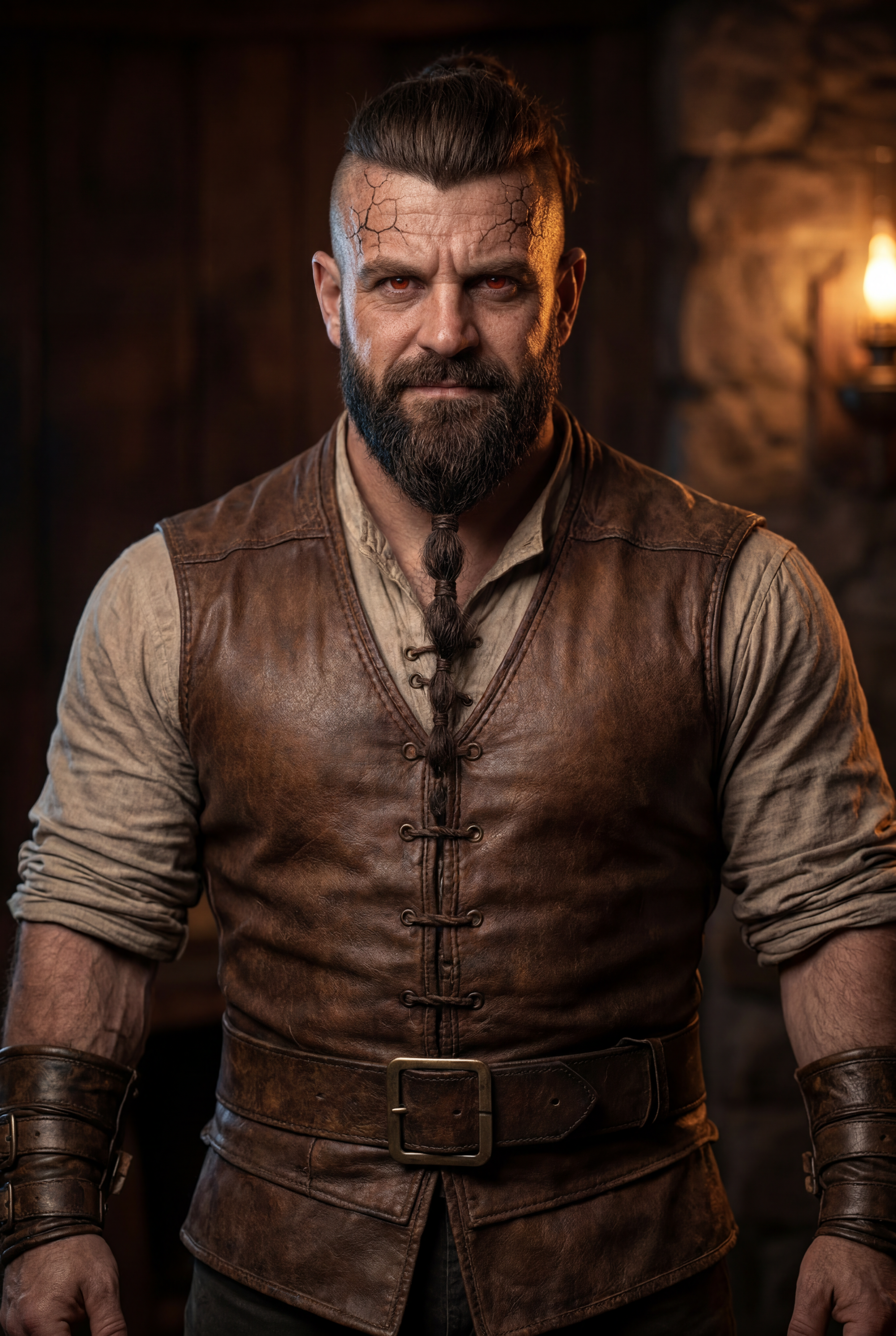 Gaston Andvari — a compact muscular man in his mid-thirties with a scarred forehead, weathered features, Portasang working-class wear