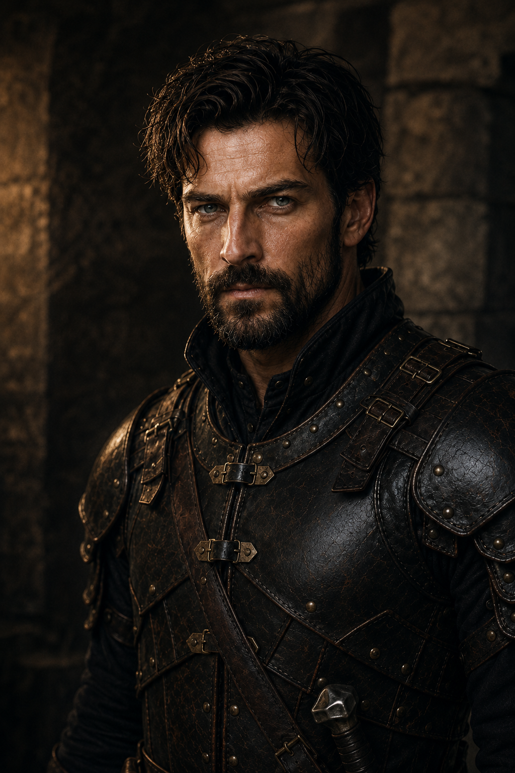 Heschel Lucanius — a tall man in worn leather armor, dark hair, weathered features, stern but warm
