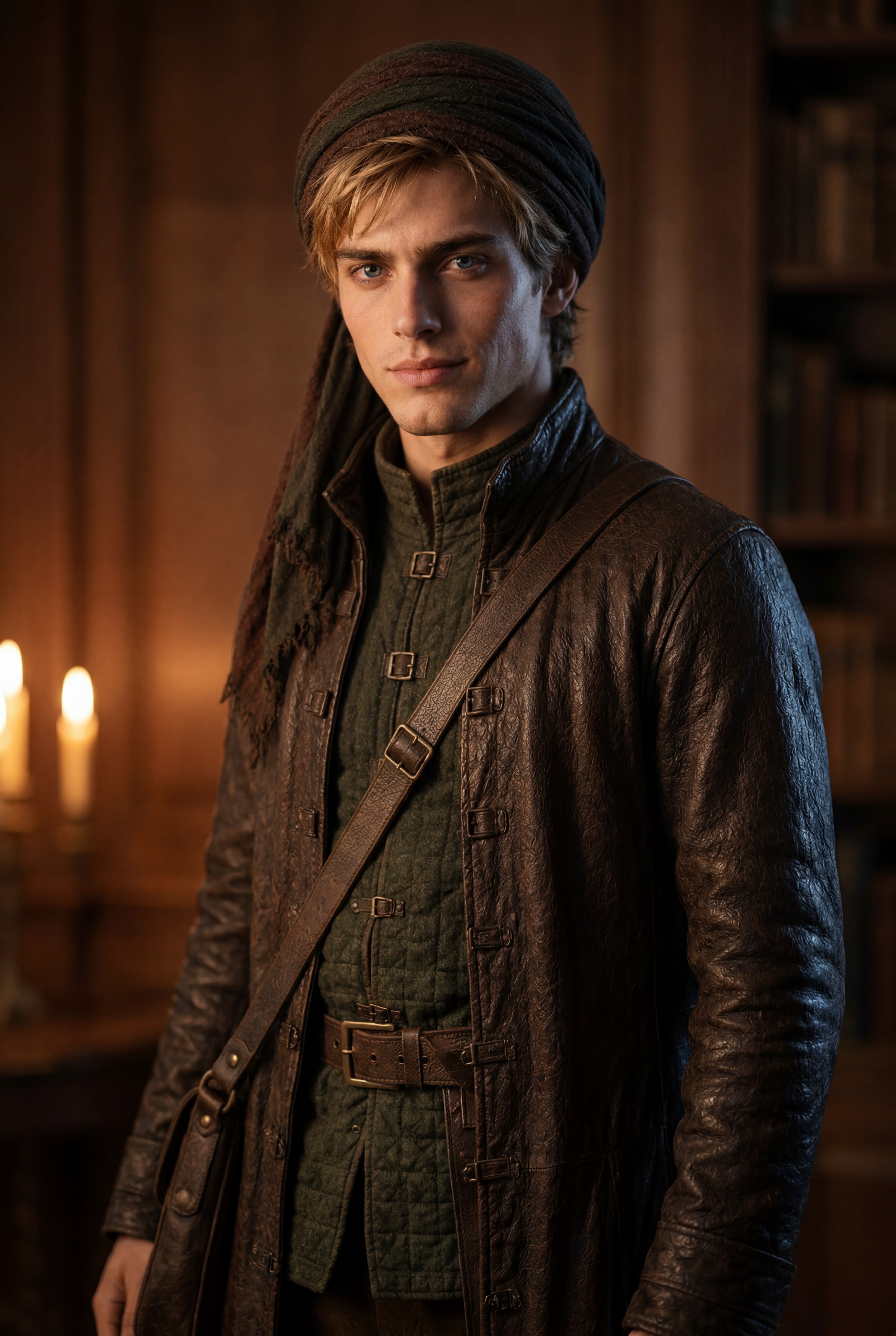 Renault Osmont — slim young man with blonde hair and striking dark blue eyes, sardonic half-smile, scholar's bearing