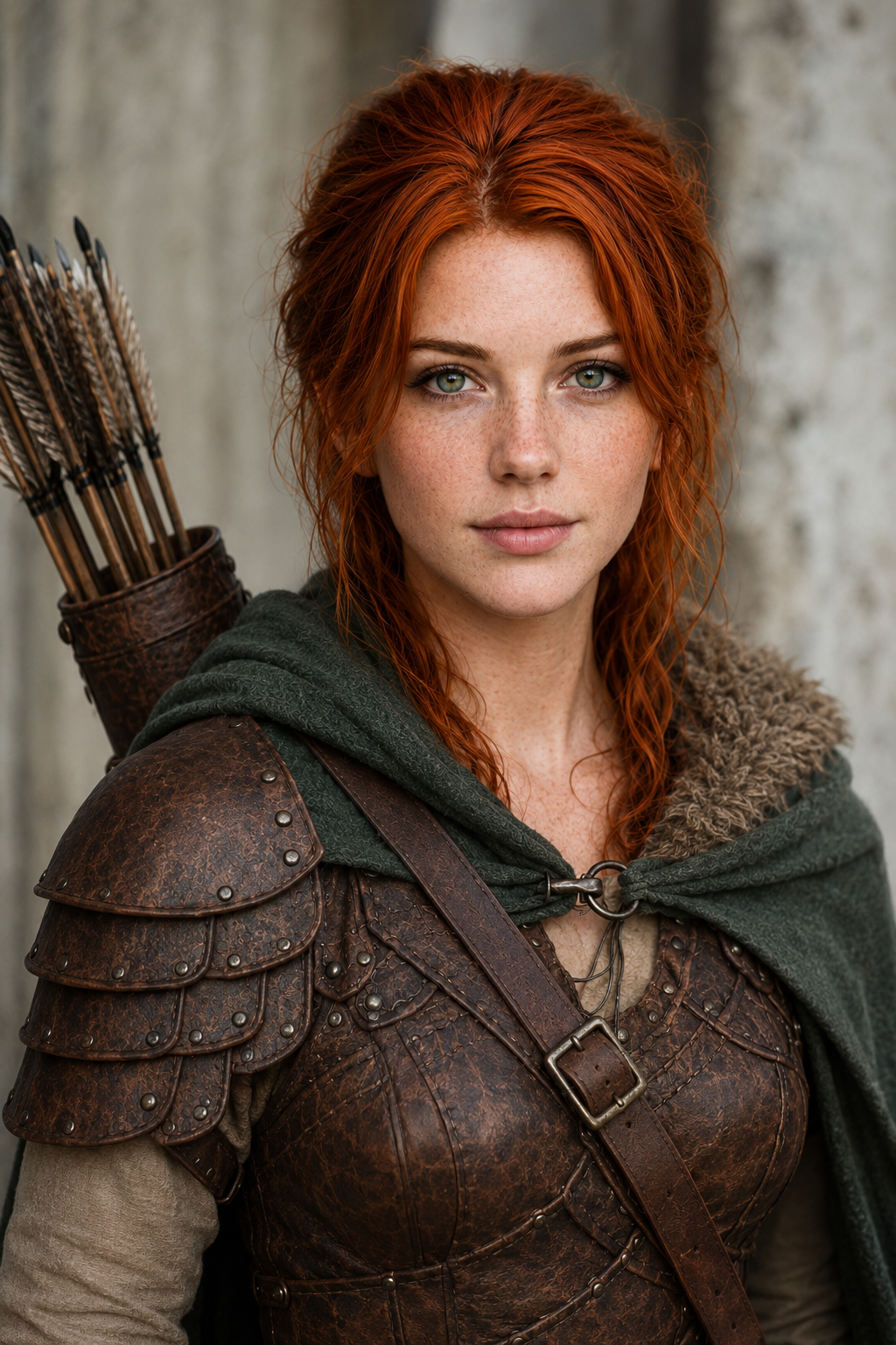Senara — a young woman with vivid red hair and freckles, alert and direct, leather under-armor