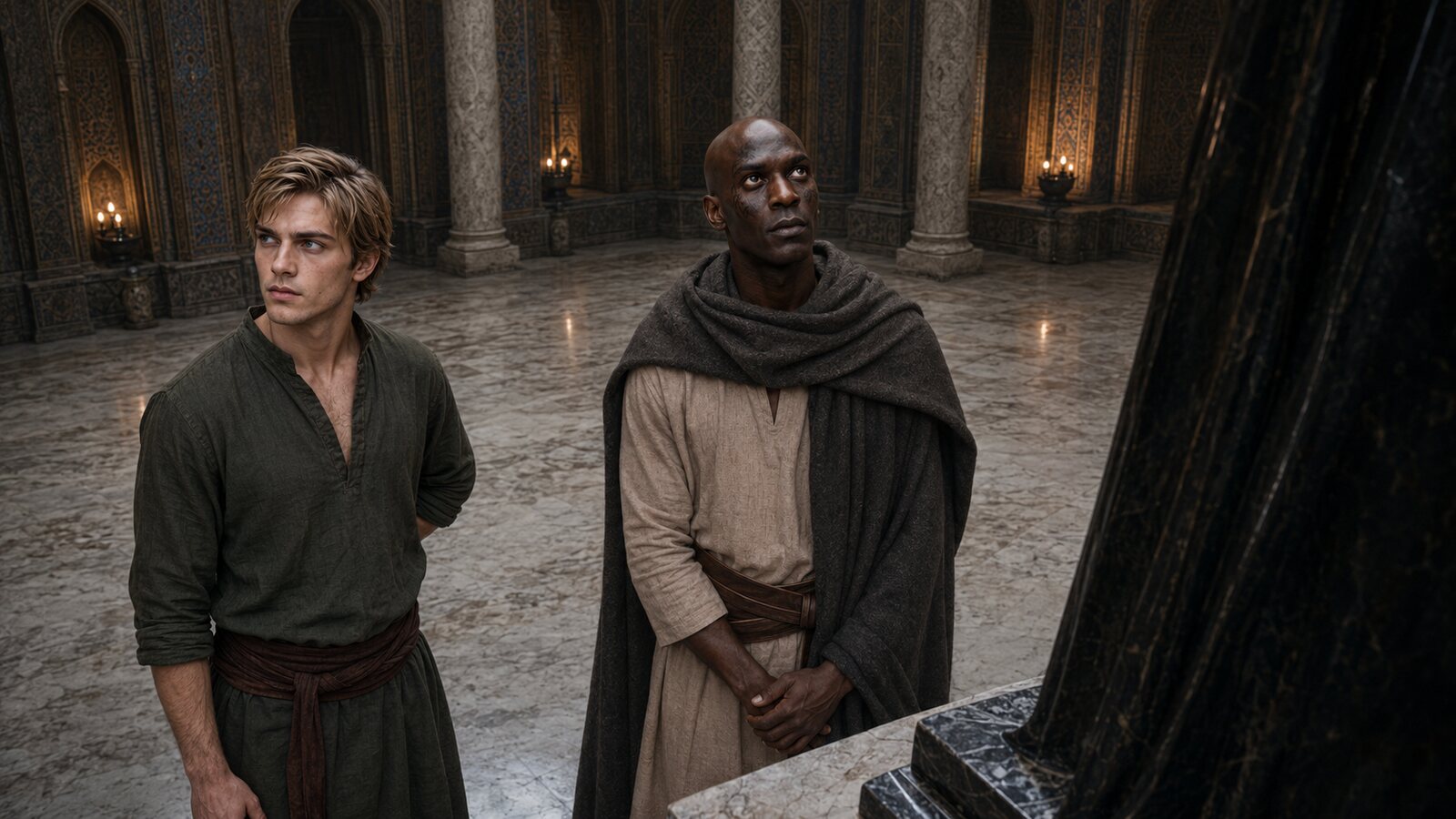 Maddok and Boaz within a shadowed chamber